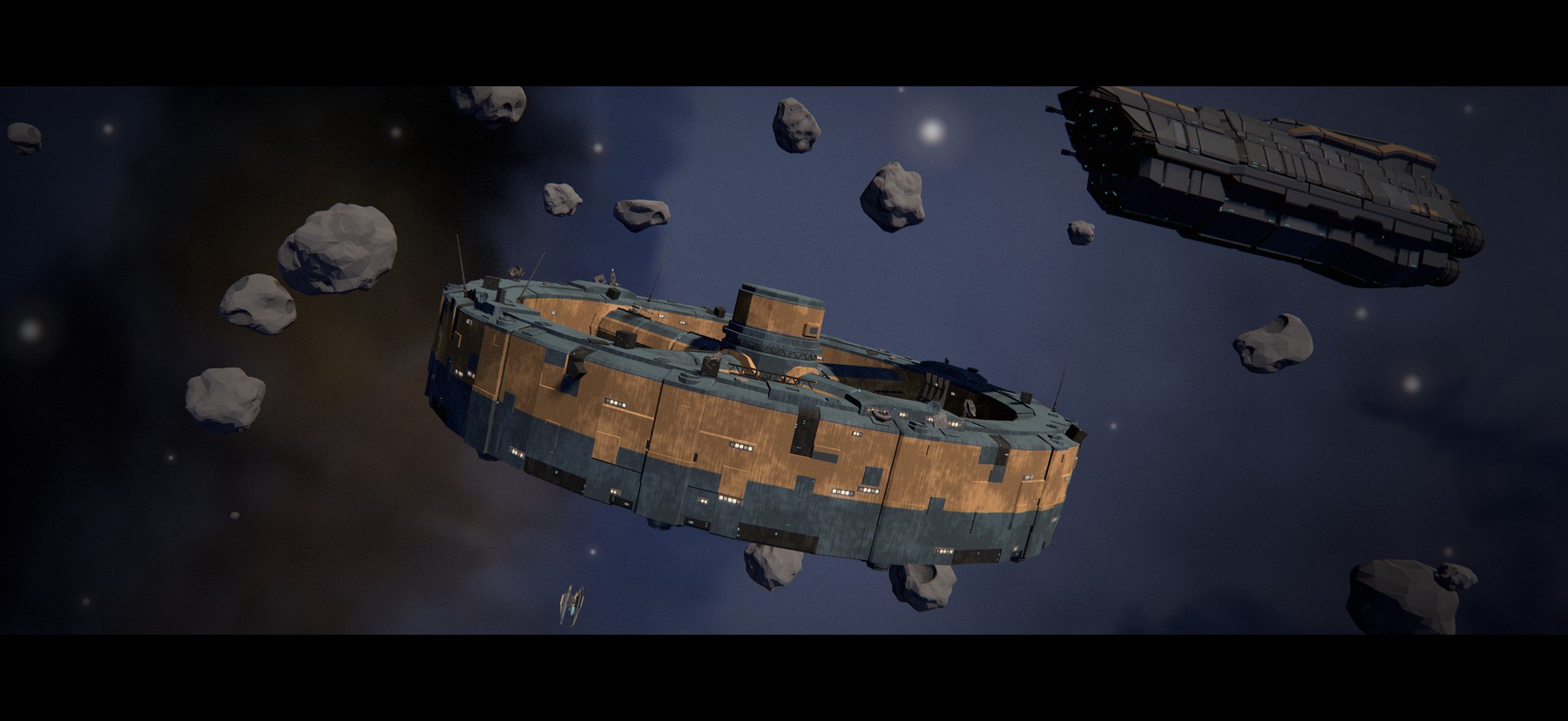 The science station and the warship parked outside