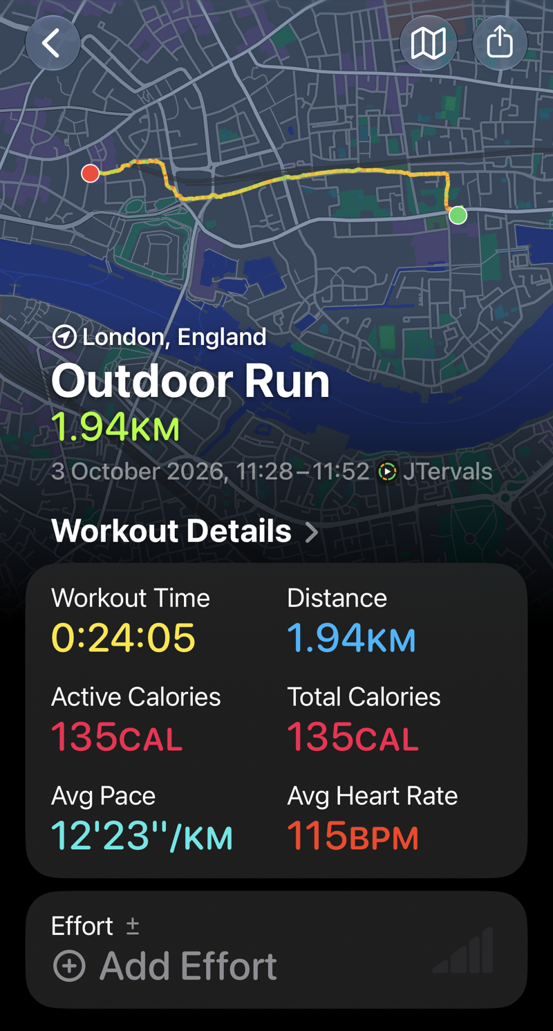 A JTervals Outdoor Run in the Fitness app on iPhone, with the route on a map
