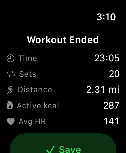 Workout Ended summary with Distance and Save
