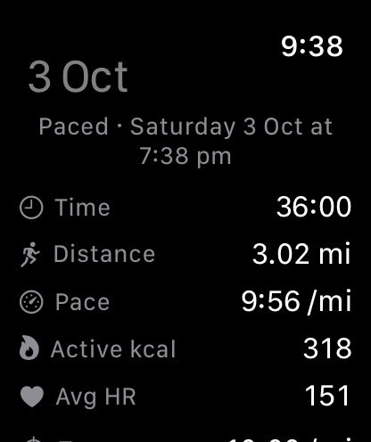 A Paced log entry from Saturday 3 Oct: Time 36:00, Distance 3.02 mi, Pace 9:56 per mile, Active kcal 318, Avg HR 151