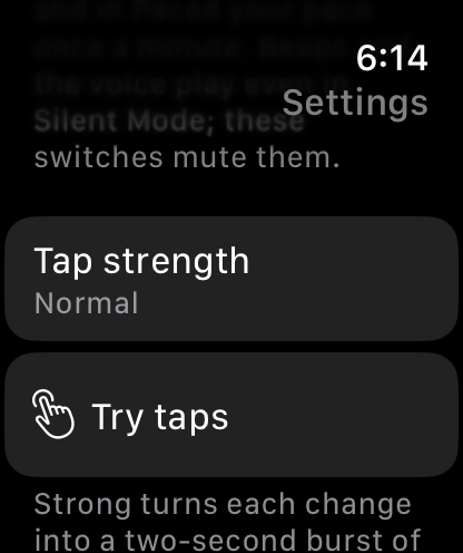 Settings scrolled to Tap strength Normal and a Try taps button