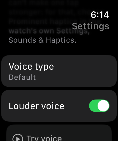 Settings scrolled to Voice type Default, Louder voice switched on, and a Try voice button