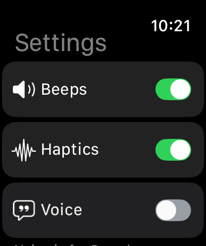 The JTervals Settings page: Beeps and Haptics switched on, Voice switched off