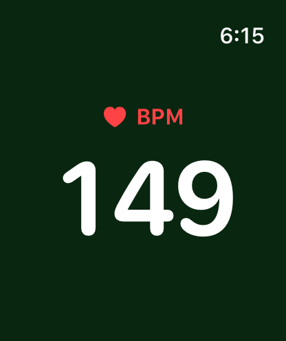 A heart rate of 149 BPM filling the watch screen