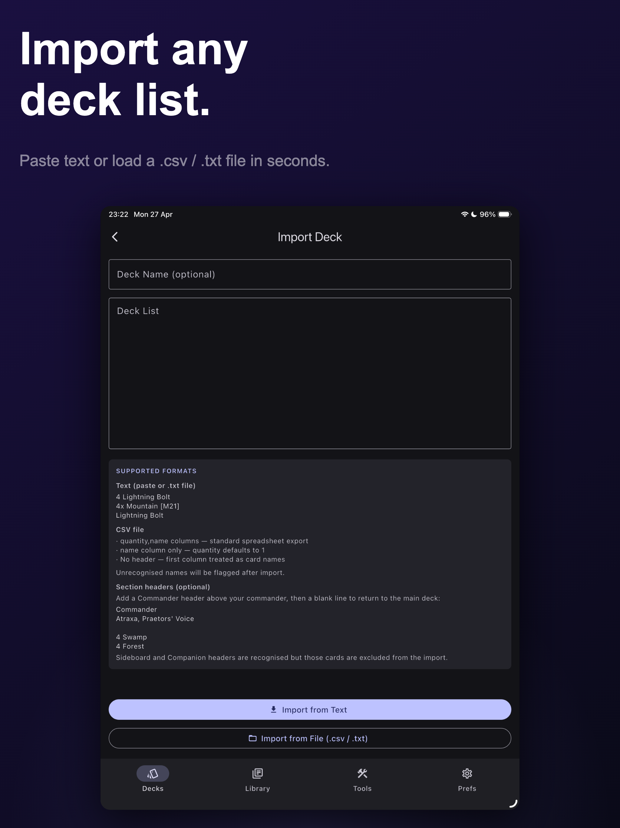 Import Deck screen showing supported formats