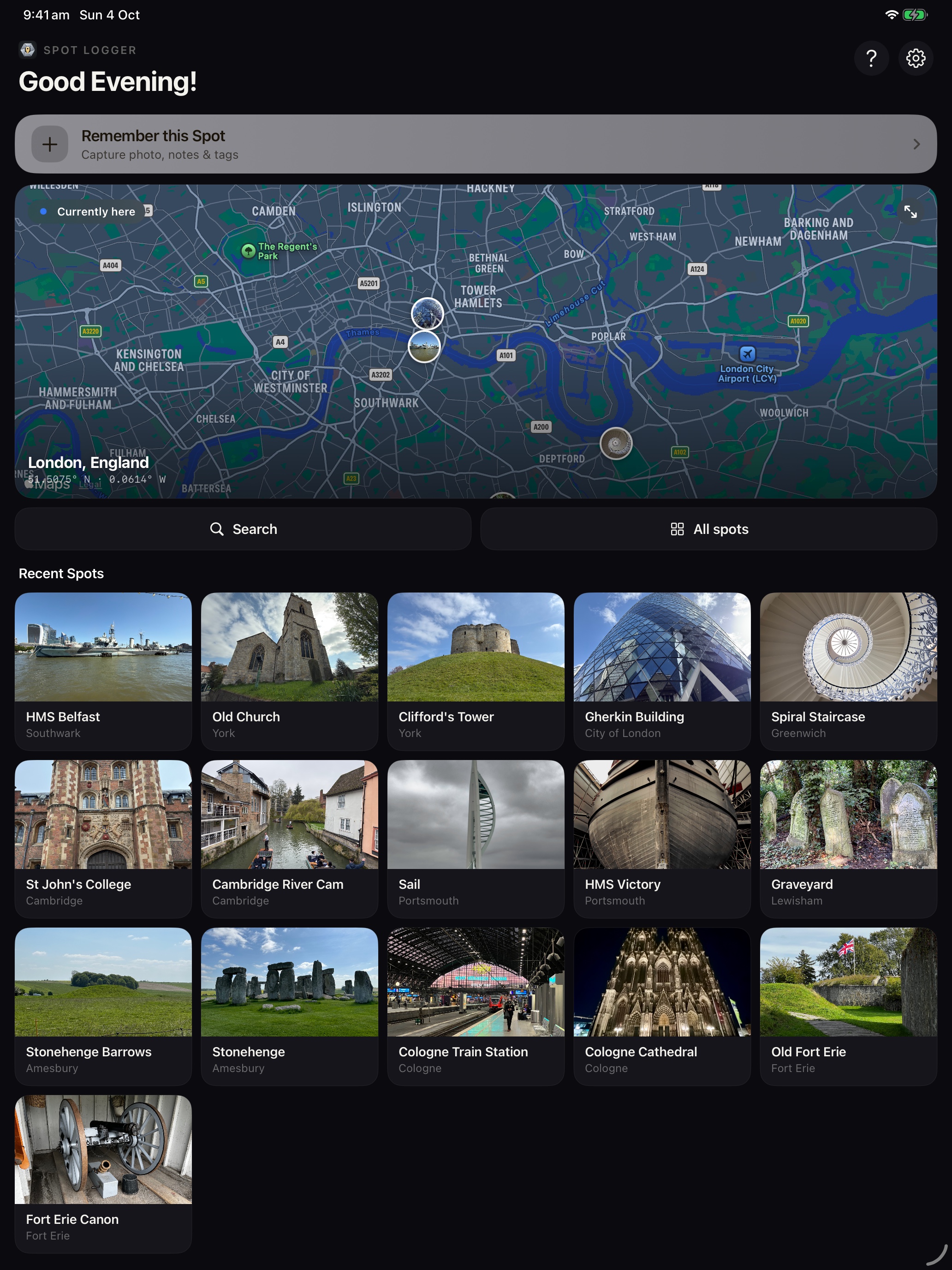 Spot Logger home on iPad with a large live map and five columns of recent spots
