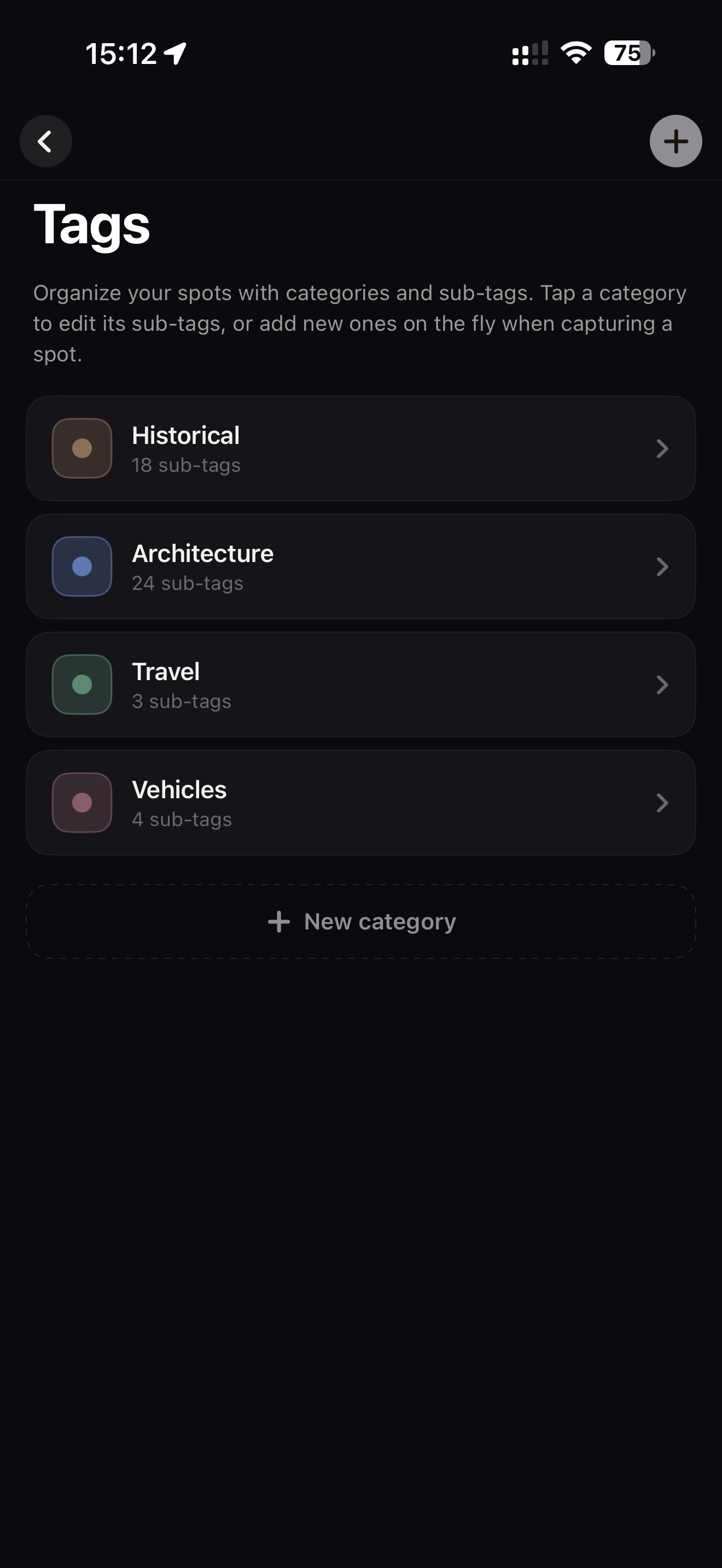 Tags and categories screen